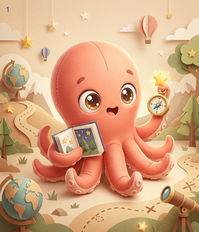 PEKO — a cute coral-peach octopus mascot holding a storybook